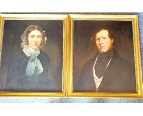 A pair of mid 19th Century style gilt framed oil on Artist's board male and female shoulder length portrait studies, each app