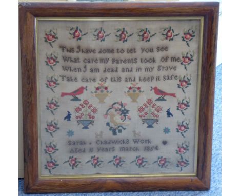 A mid-19th century rosewood-framed and glazed sampler: Sarah Chadwick's work aged 11 years March 1854, 41cm x 40cm