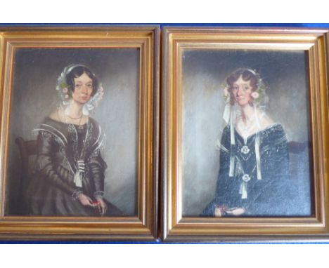 A pair of mid (19th century not 18th) 18th century gilt-framed oil on canvas three-quarter portrait length studies of seated 