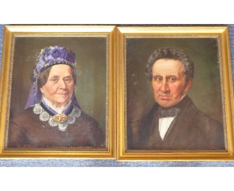 A pair of late 19th Century gilt framed oil on canvas shoulder length male and female portrait studies of a gentleman with ti