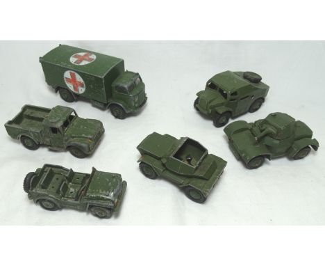 5 DINKY MILITARY VEHICLES, MILITARY AMBULANCE, FIELD ARTILLARY TRACTOR, SCOUT CAR, ARMOURED CAR AUSTIN CHAMP + SCOUT CAR 