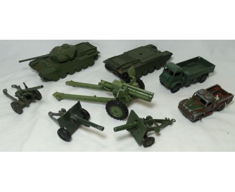 2X DINKY CENTURION TANKS, ARMY WAGON, CARGO TRUCK + 4 GUNS 
