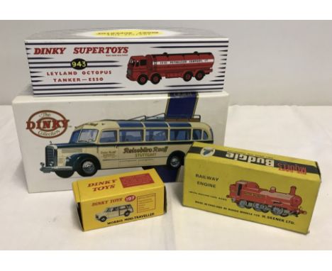 3 boxed Dinky diecast vehicles together with a boxed Budgie Railway Engine. Dinky's are; 1950 DY-S Mercedes Benz Special Edit