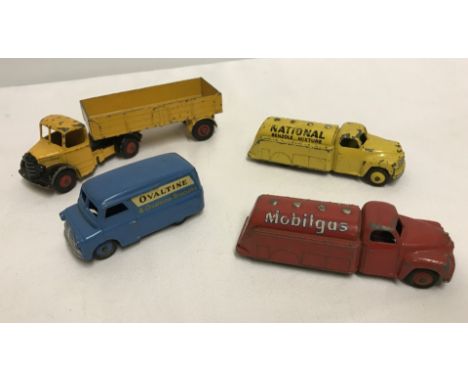 4 unboxed vintage Dinky vehicles. Comprising:- #521 Articulated Lorry, #481 Bedford Van (Ovaltine), #443 National Petrol Tank