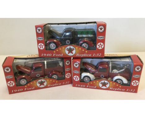 3 boxed Texaco Old timer collection 1940's Ford vehicles. Pick up truck, Tow Truck and a Fire Chief. 1:32 scale. 