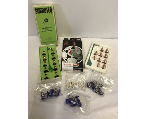 3 boxed Subbuteo table football teams with 4 unboxed teams (without goalkeepers). Boxed teams are:- AC Milan (c1970's), and 2