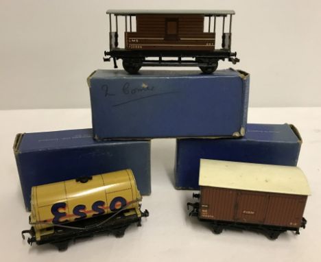 3 boxed Hornby Dublo wagons. Comprising:- Fish Van DR374, 'ESSO' Petrol Tank Wagon DR383, and L.M.S. Goods Brake Van 32045 