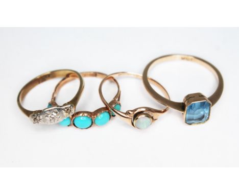 A group of four rings, various stones including turquoise, opal, diamonds etc. various 9ct marks, gross wt. 5.93g, sizes L/M 