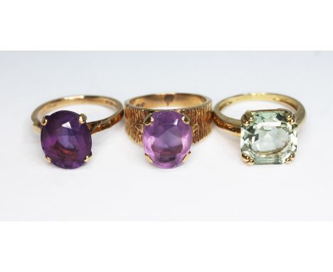 Three hallmarked 9ct gold rings, two set with amethyst and the other prasiolite, gross wt. 11.26g, size K-N.P & P:- £8.00 + V