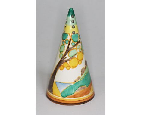 A Clarice Cliff Fantasque Bizarre conical sugar sifter decorated in Secrets pattern, height 14cm.Condition - good, no chips, 