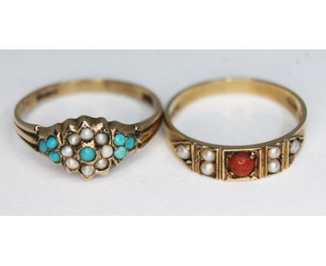 Two hallmarked 9ct gold rings, one set with turquoise nd seed pearls, the other coral and seed pearls, gross wt. 4.08gg, size