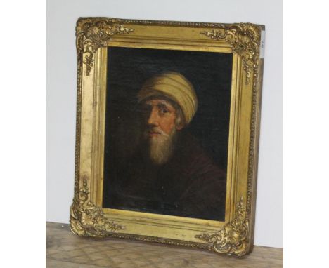 18/19th Century School, portrait depicting a bearded man wearing a turban, oil on canvas, 19cm x 24cm, framed 27cm x 32cm.Con