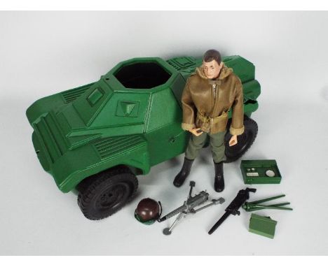 Palitoy - Arwin - An Action Man Armoured Car Commander with Armoured Car. This early painted hair hard hand figure appears in