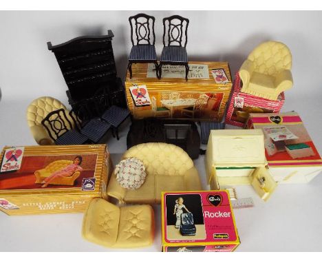 Pedigree Sindy lounge and dining room set to include dresser, bureau with accessories, boxed dining table and chairs, boxed s