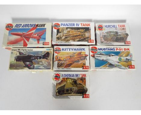 Airfix, Frog  - Seven boxed 1:72 scale plastic military vehicle and aircraft model kits. Lot includes Airfix #1303 M4 Sherman