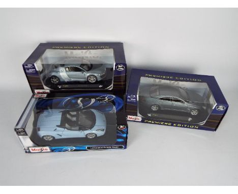 Maisto - 3 x boxed 1:18 scale cars, # 31136 Lamborghini Gallardo Spyder, # 36696 Mercedes Benz CLS, # 36143 Audi R8. All thre