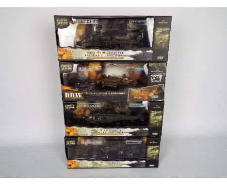 Forces Of Valour - 4 x boxed 1:72 scale models including AH-64D Apache Longbow helicopter, UH-60 Black Hawk helicopter, M3A1 