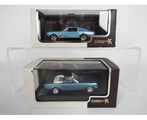 Premium X - Two boxed Premium X 1:43 scale diecast model Ford Mustangs. Lot includes PRD250 Convertible 1965 (Light Blue); an