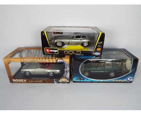 Norev - Bburago - Solido - 3 x boxed 1:18 scale models, Mercedes Benz 190SL # 183535, Jaguar E Type Coupe # 18-12044, Land Ro