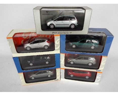 Minichamps - 7 x boxed 1:43 scale Ford models including Fiesta, Fusion, Focus, Mondeo, and C-Max. They are Ford dealer models