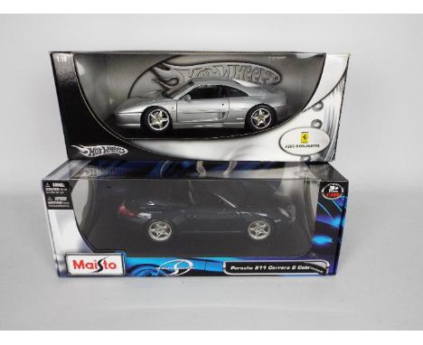 Hot Wheels - Maisto - 2 x boxed 1:18 scale cars, Ferrari F355 Berlinetta # 25735 and Porsche 911 Carrera S Cabriolet # 31126.