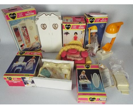 Pedigree Sindy 1970’s boxed furniture items to include the hair dryer, settee, wardrobe, vanity unit with cheval mirror. 