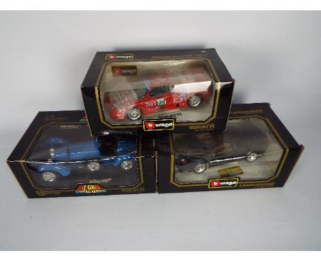 Bburago - 3 x boxed 1:18 Die-cast models, a 1934 Bugatti type 59, a 1988 Lamborghini Countach, a 1991 Bugatti EB110.  All app