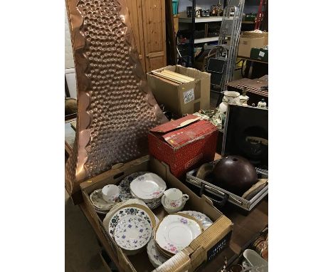 Projector, bowling ball, tray of assorted and a copper mantel