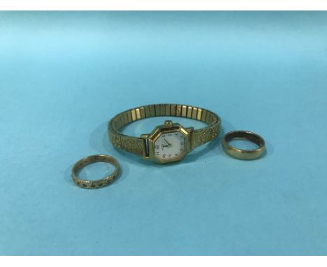 Two 9ct gold rings , 6.2g and a ladies Rotary watch