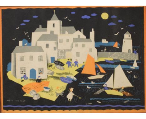 After Peggy Wickham - Circa 1950's/60's coloured print, 'Spanish Fishing Village', 43cm x 54.5cm, framed and glazed  