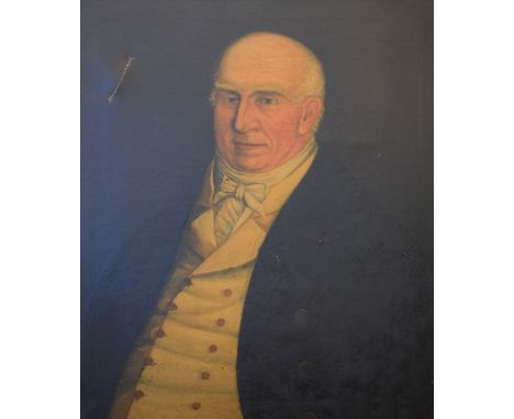 English School, 19th Century - Oil on canvas - Portrait of a gentleman depicted half-length in white stock, waistcoat and jac