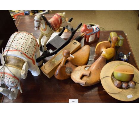 Treen - Carved wooden fruit and bowl, pair of shoe lasts, pen box, Scandinavian horses, elephant puppet, etc  
