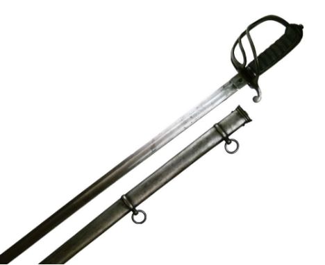 Royal Artillery officer's sword, three bar iron hilt, wire bound shark skin grip, slightly curved single edged blade engraved