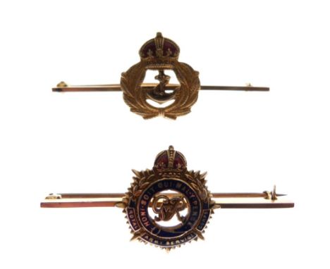 Yellow metal and enamel Army Service Corps sweetheart brooch stamped '9ct' and a similar Royal Navy sweetheart brooch, unmark