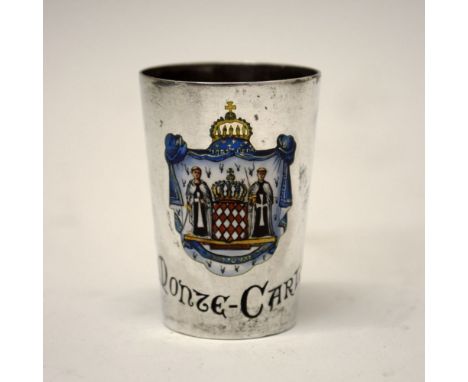 Continental white metal tot beaker of tapering cylindrical form with enamel arms of 'Monte Carlo', 800 standard, sponsor ME, 