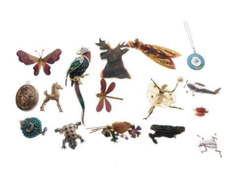 Collection of novelty bar brooches to include; enamel examples, lockets etc  
