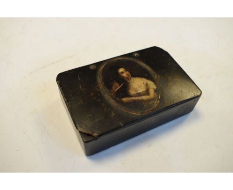 Late 18th/early 19th Century black lacquered snuff box of rectangular form with central oval portrait, 9cm wide  