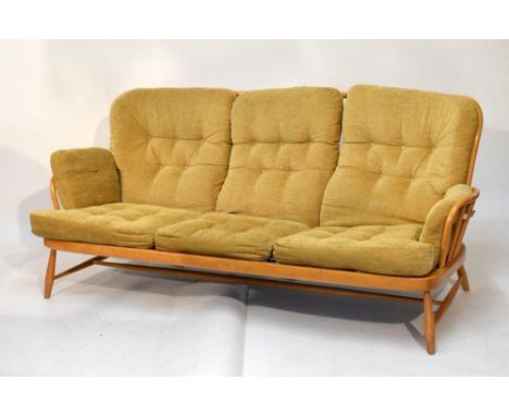 Ercol stick back three seater settee with deep button back, arms and seat, 195cm wide  