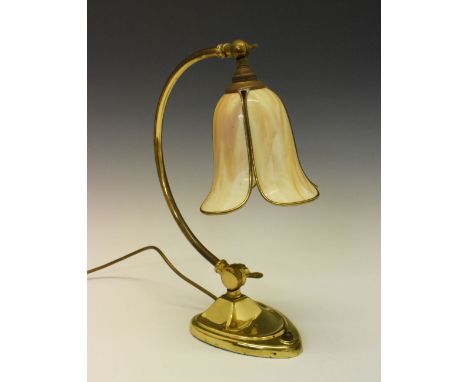 Art Nouveau style adjustable brass desk lamp having mottled leaded glass shade, 40cm high  
