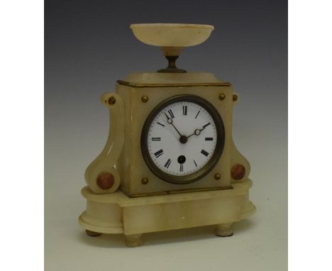 Late 19th Century French alabaster mantel clock, with three-inch Roman enamelled dial, single-train timepiece movement, in ar