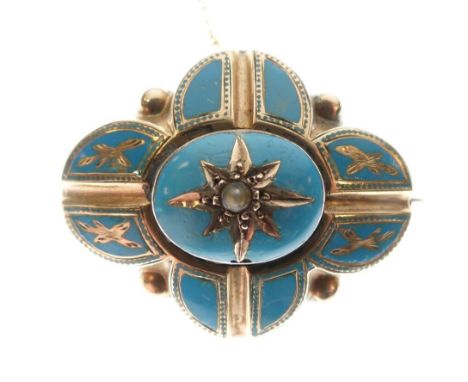 Victorian oval petal shaped brooch with turquoise enamel decoration and set seed pearls  