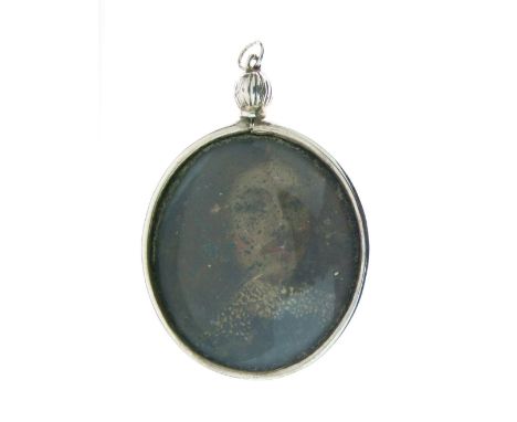 Antique portrait miniature on copper - 17th Century portrait of a gentleman with goatee beard, in white metal oval mount, 34m