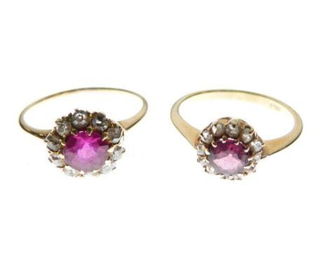 Yellow metal, ruby and diamond cluster ring, stamped 18ct, size N½, 2.6g gross approx, together with another yellow metal clu