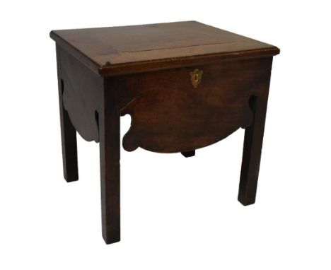 George III mahogany commode stool having hinged cover raised on square supports, 48cm wide x 40cm deep x 46cm high  
