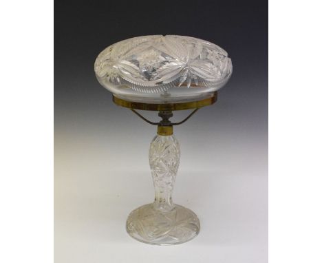 Early 20th Century cut glass 'mushroom' lamp, the removable shade on brass ring support, baluster stem and domed foot, 42.5cm
