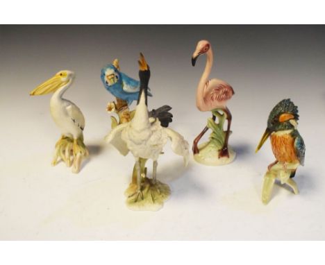 Five assorted Goebel bird figurines to include; a Pelican, Kingfisher, Budgerigar and Flamingo, 25cm high (5)  