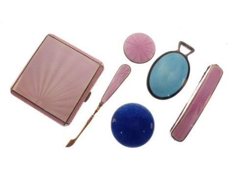 Group of Art Deco silver and enamel dressing table items comprising: pink enamel cigarette case, Birmingham 1937, similar cir