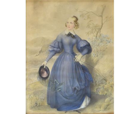 19th Century Continental School - Watercolour - Full length portrait of a lady in blue dress with riding crop, indistinctly s