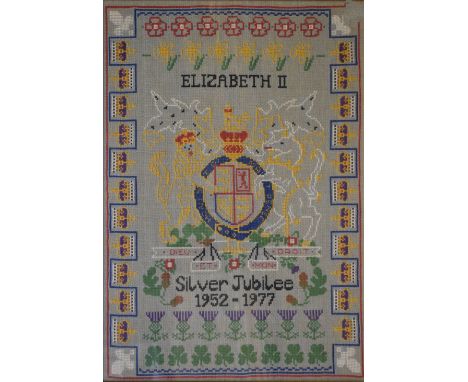 Needlepoint panel commemorating Queen Elizabeth II Silver Jubilee, 60cm x 85cm, framed and glazed  