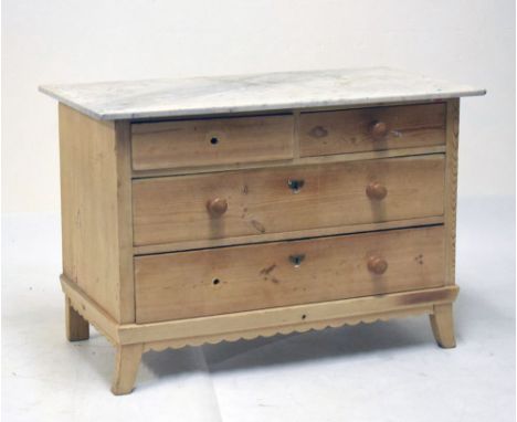Marble-topped stripped pine washstand or chest of two short over two long drawers on swept bracket feet, 109.5cm x 60cm x 74.